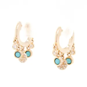 14k Yellow Gold Diamond & Turquoise Huggy Hoops