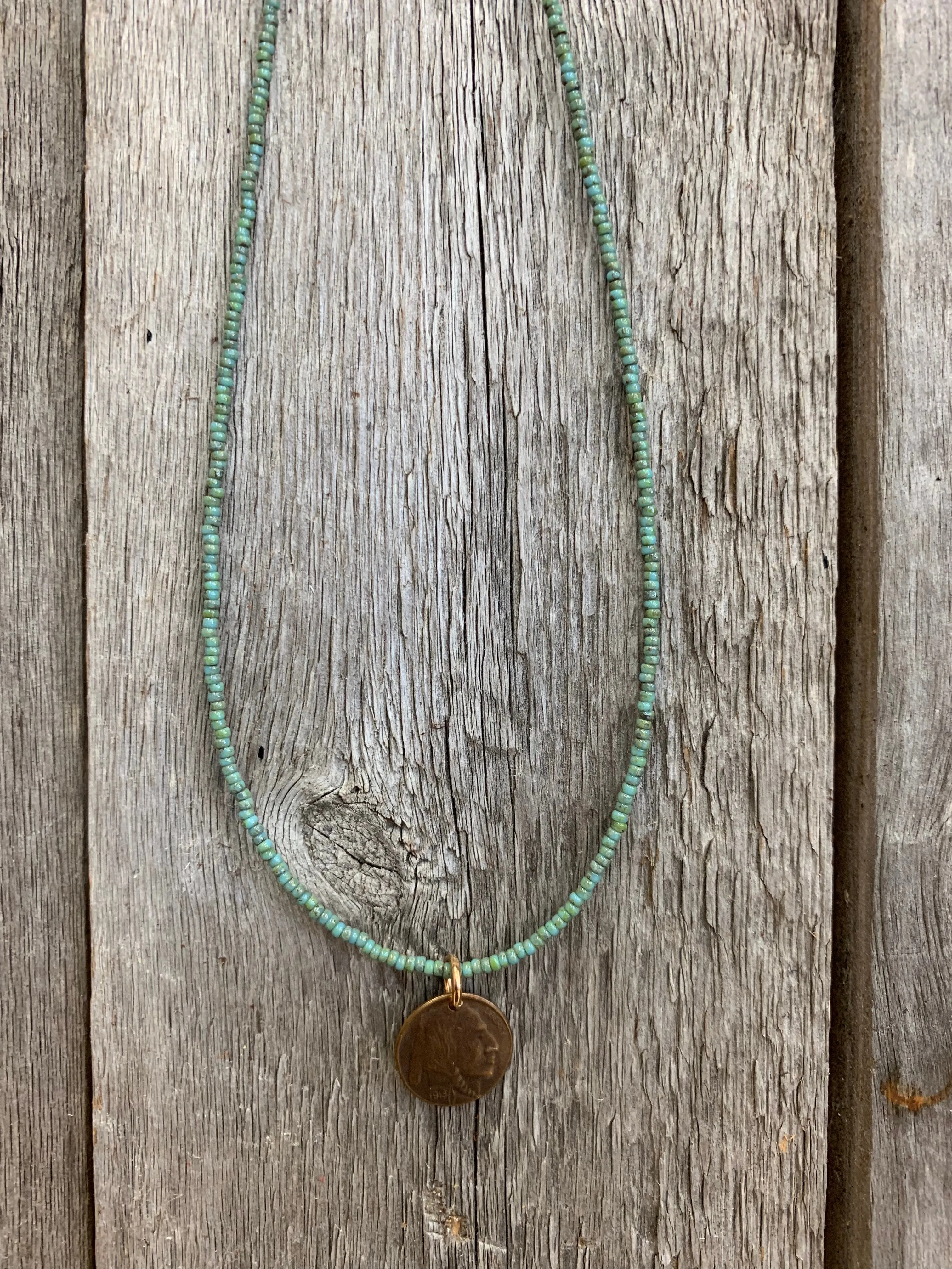 16760 Tiny Seed Beads w/Brz Indian Coin Pendant