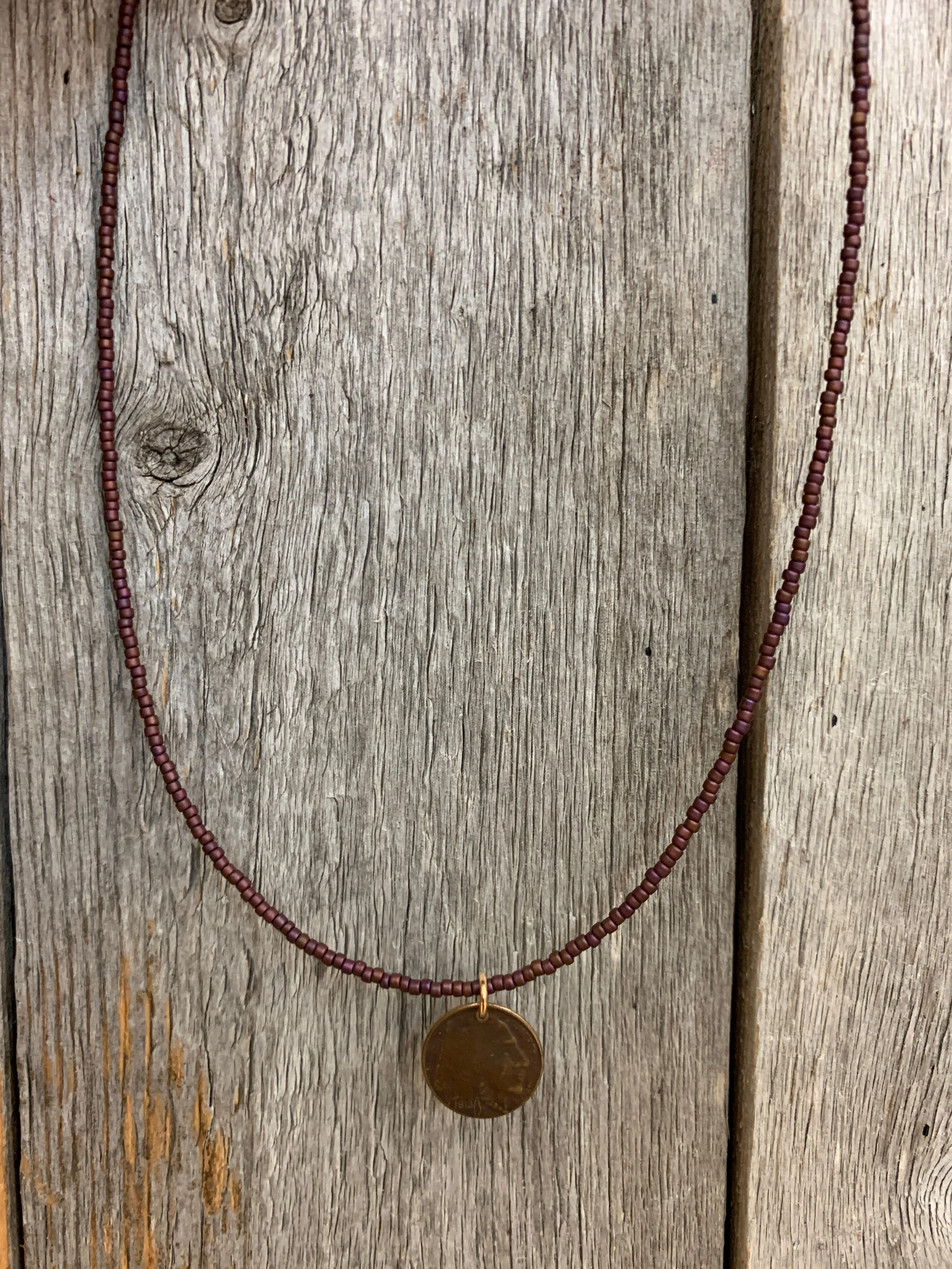 16760 Tiny Seed Beads w/Brz Indian Coin Pendant