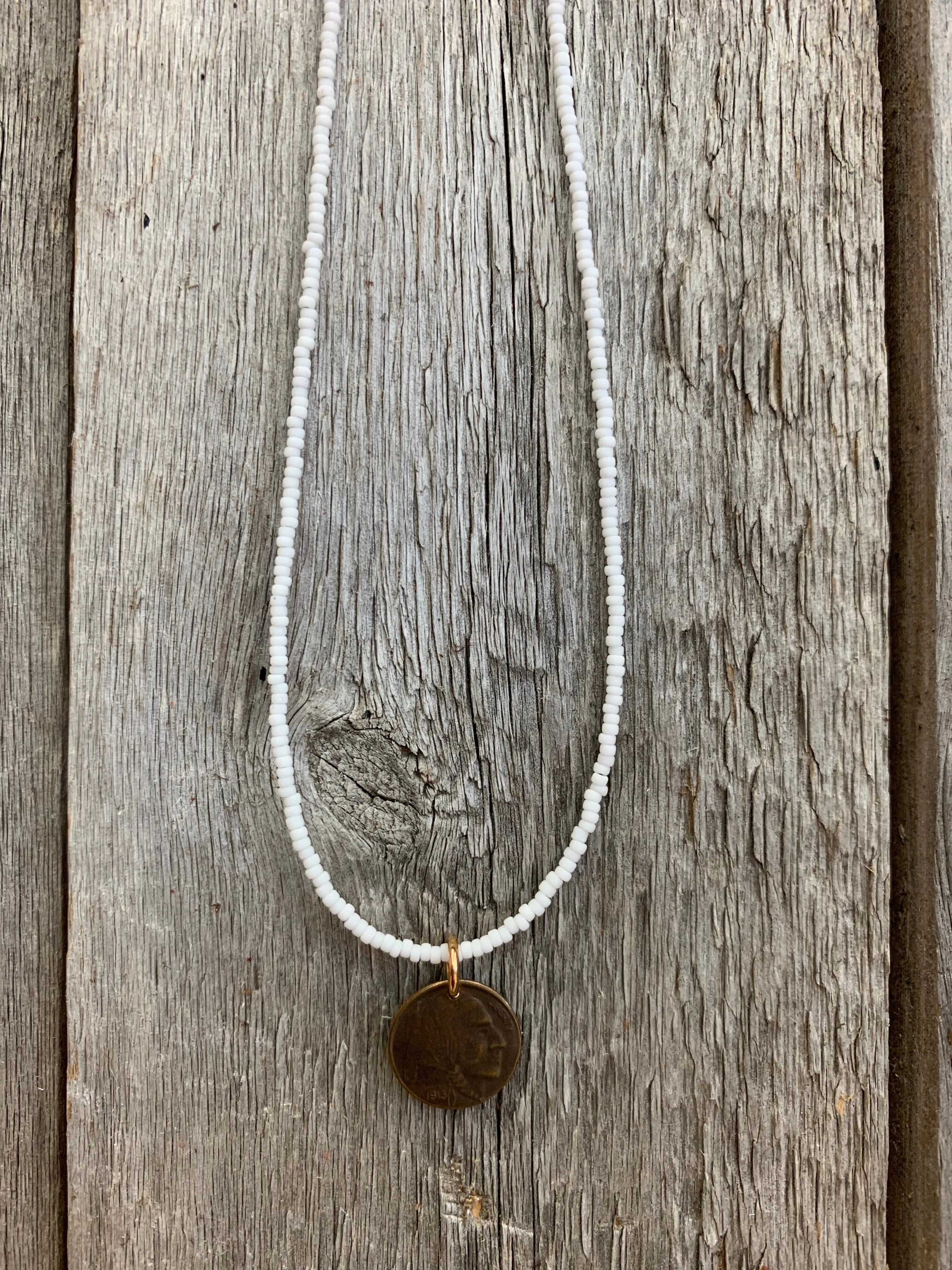 16760 Tiny Seed Beads w/Brz Indian Coin Pendant