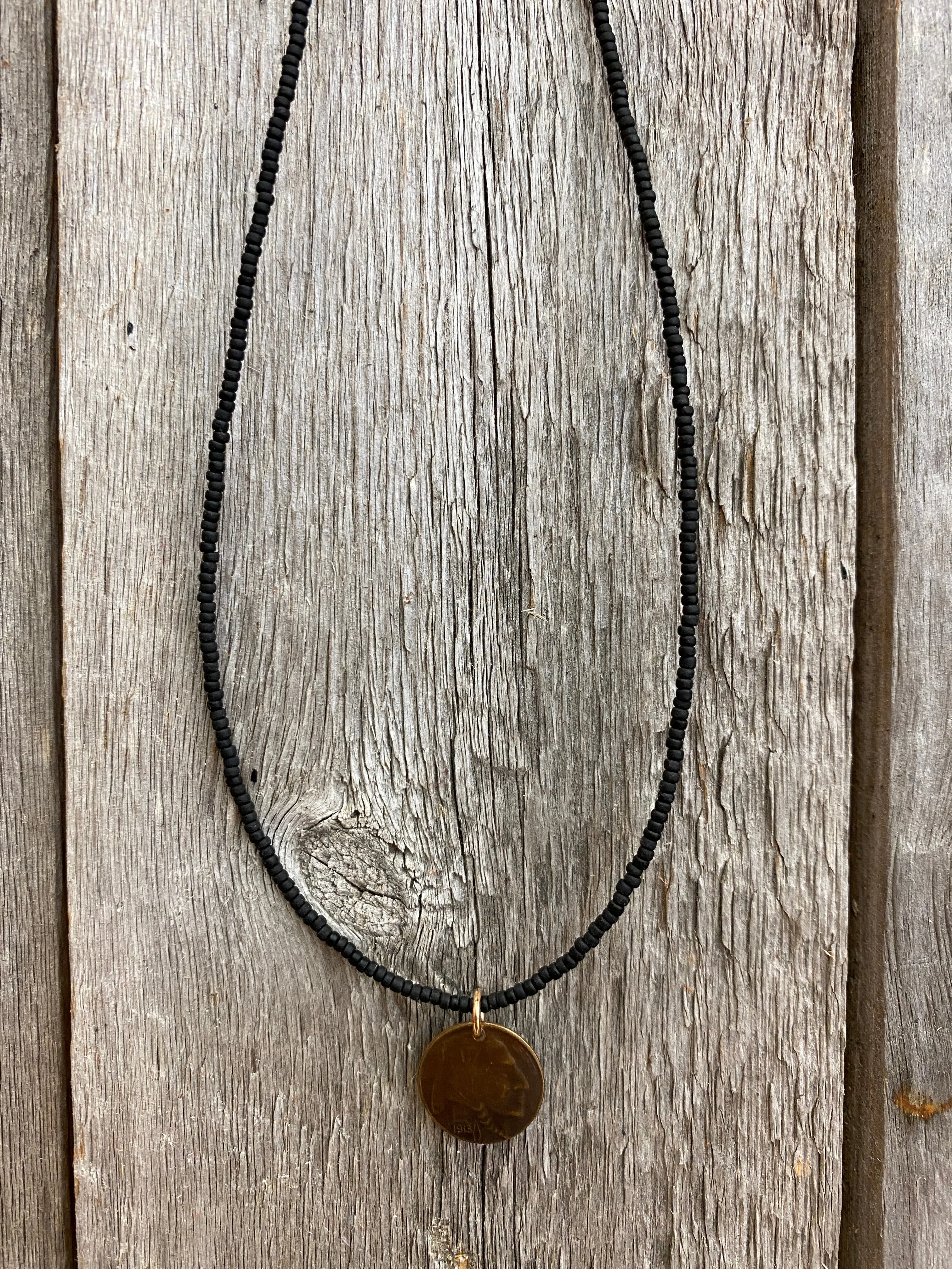 16760 Tiny Seed Beads w/Brz Indian Coin Pendant