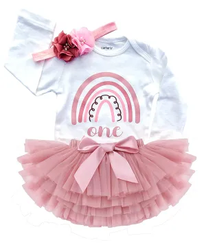 1st First Birthday Baby Girl Tutu Dress Set - Boho Rose Rainbow