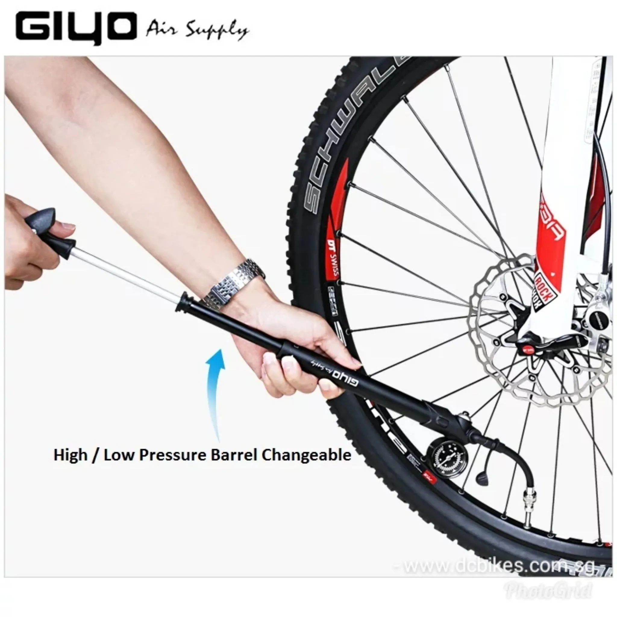 2 in 1 Giyo Black/Titanium GS-41 High Pressure Air Fork Shock & Tyres Mini Pump 300 Psi 