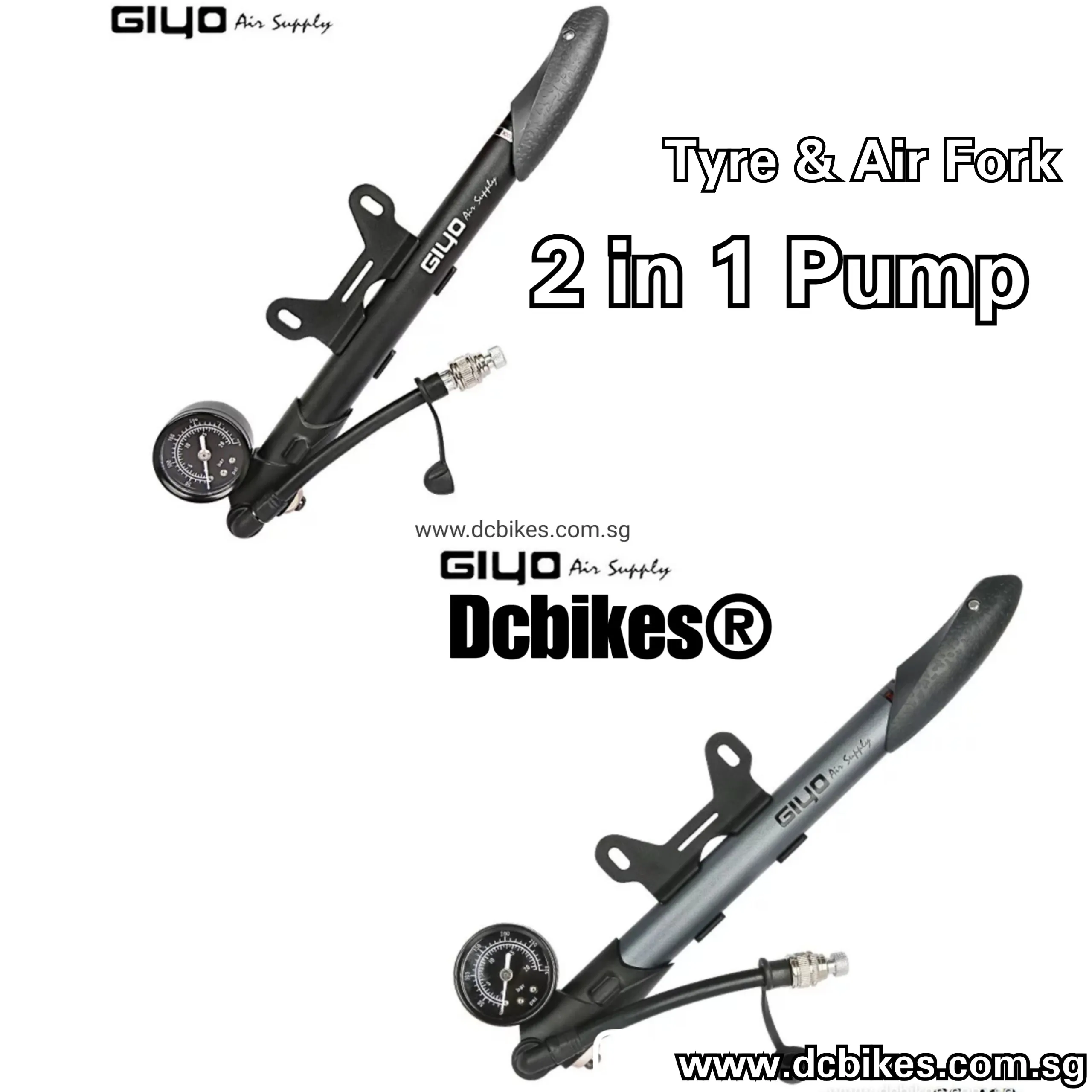 2 in 1 Giyo Black/Titanium GS-41 High Pressure Air Fork Shock & Tyres Mini Pump 300 Psi 