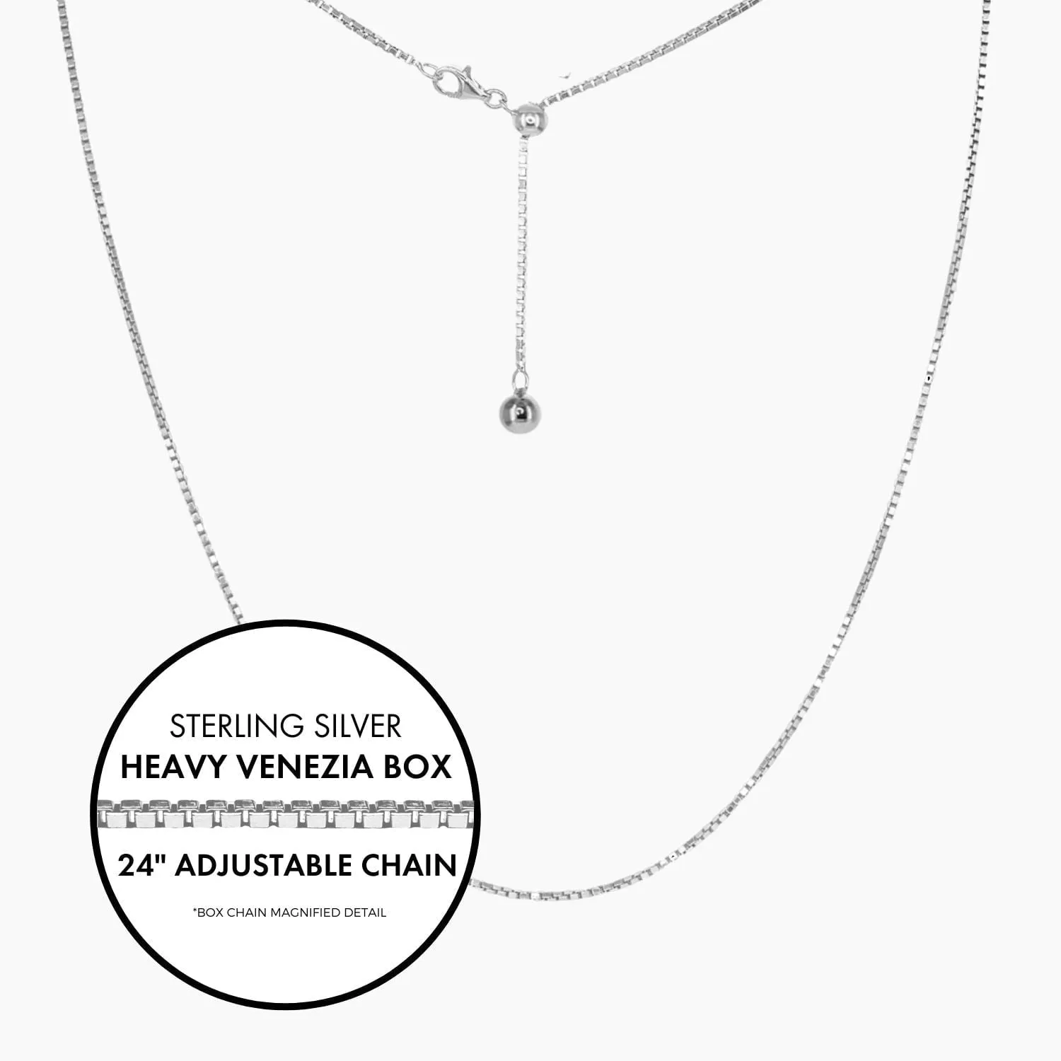 24" Italian Venezia Heavy Box Adjustable Chain (Silver)