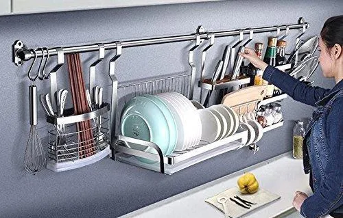 304 Stainless Steel Kitchen Shelves Wall Hanging Turret 3 Layer Spice Jars Organizer Foldable Dish Drying Rack Kitchen Utensils Holder