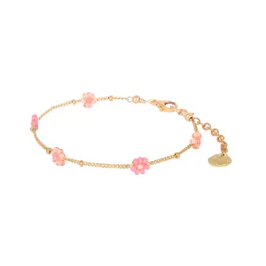 Adjustable gold plated bracelet with beaded flowers