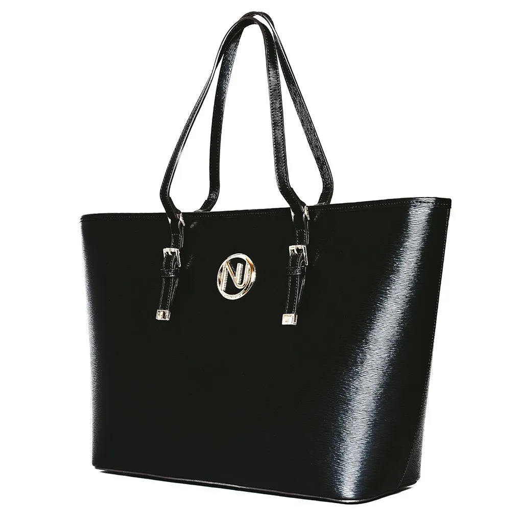ANGELIQUE TOTE IN BLACK RIPPLE GRAIN LEATHER