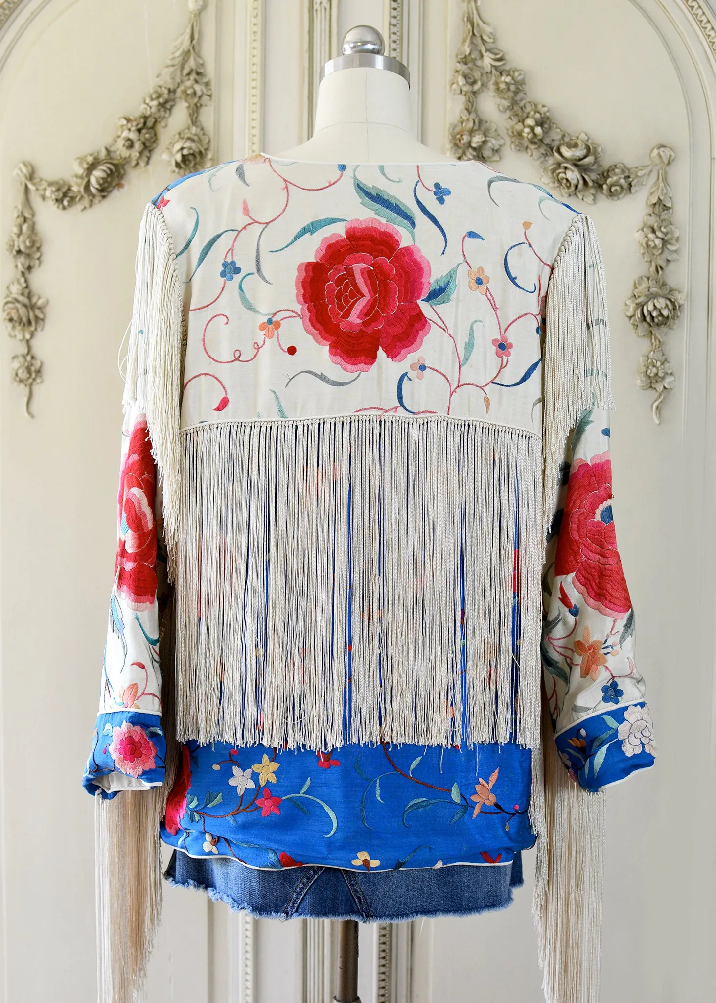 Annie Antique Hand Embroidered Silk Fringe 3/4 Length Jacket - Blue & Creme