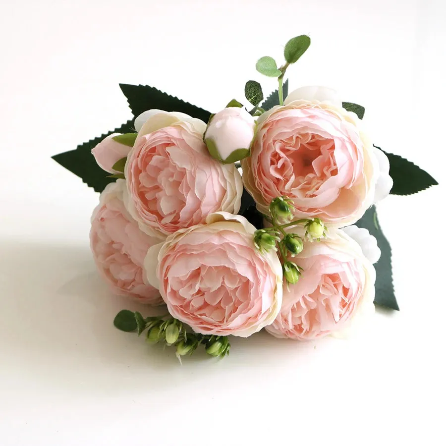 Artificial Flowers Bouquet Silk Roses with Vase for Home Decor Garden Wedding Mothers day
