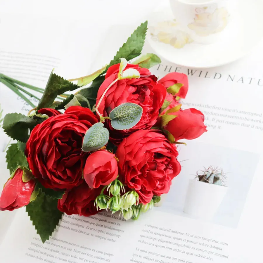 Artificial Flowers Bouquet Silk Roses with Vase for Home Decor Garden Wedding Mothers day