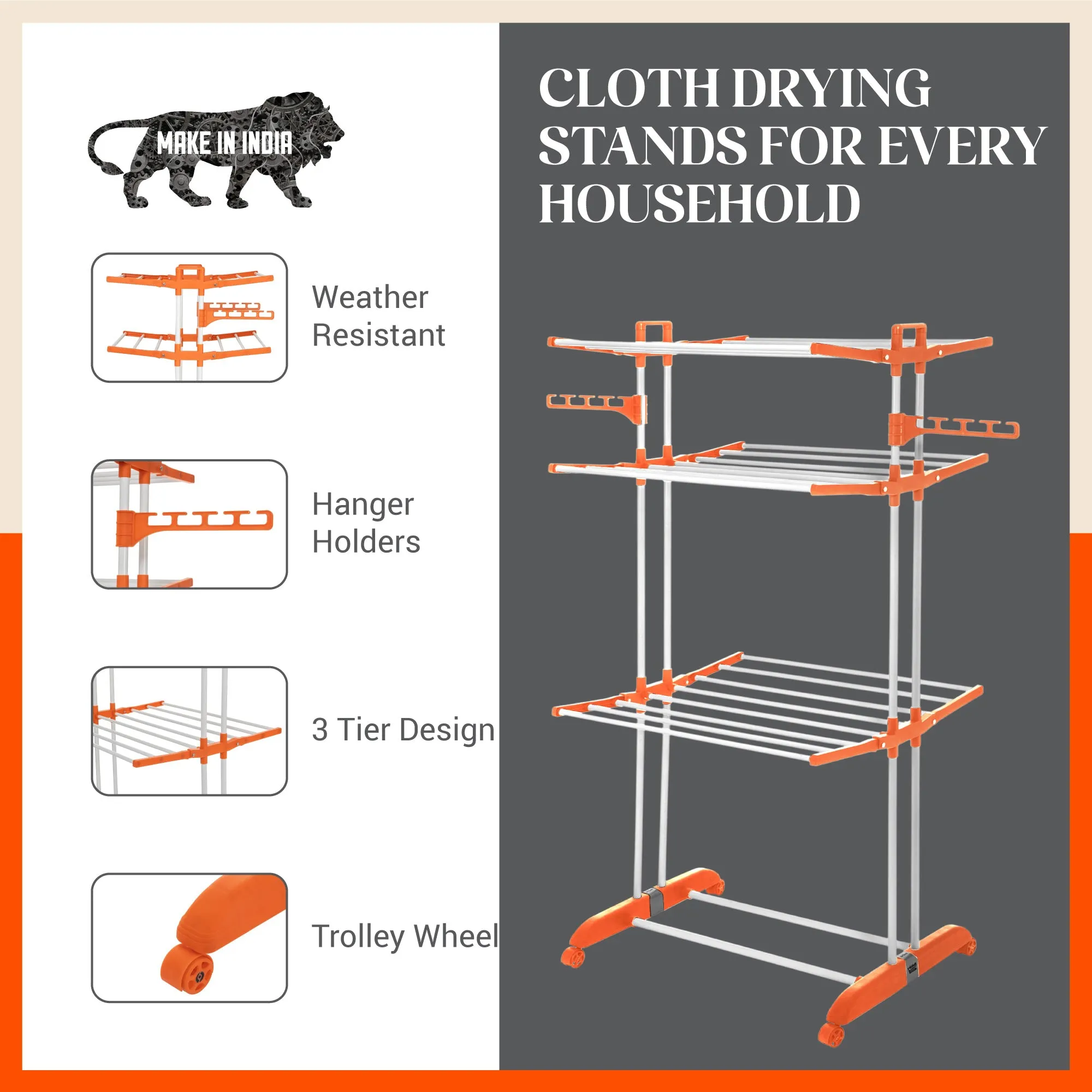 Bathla Mobidry Terra 3 Level Steel Modular Cloth Drying Stand For Home (Orange - Large) Made in India