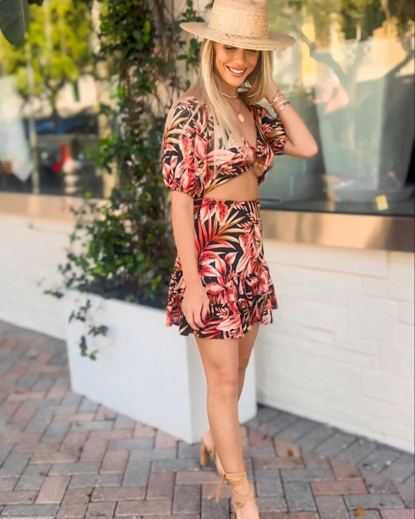 Black and red tropical mini dress