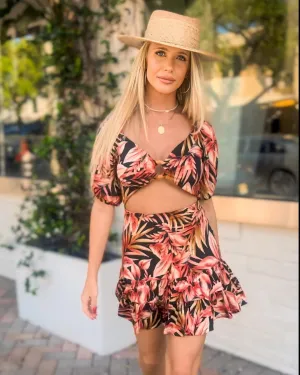 Black and red tropical mini dress
