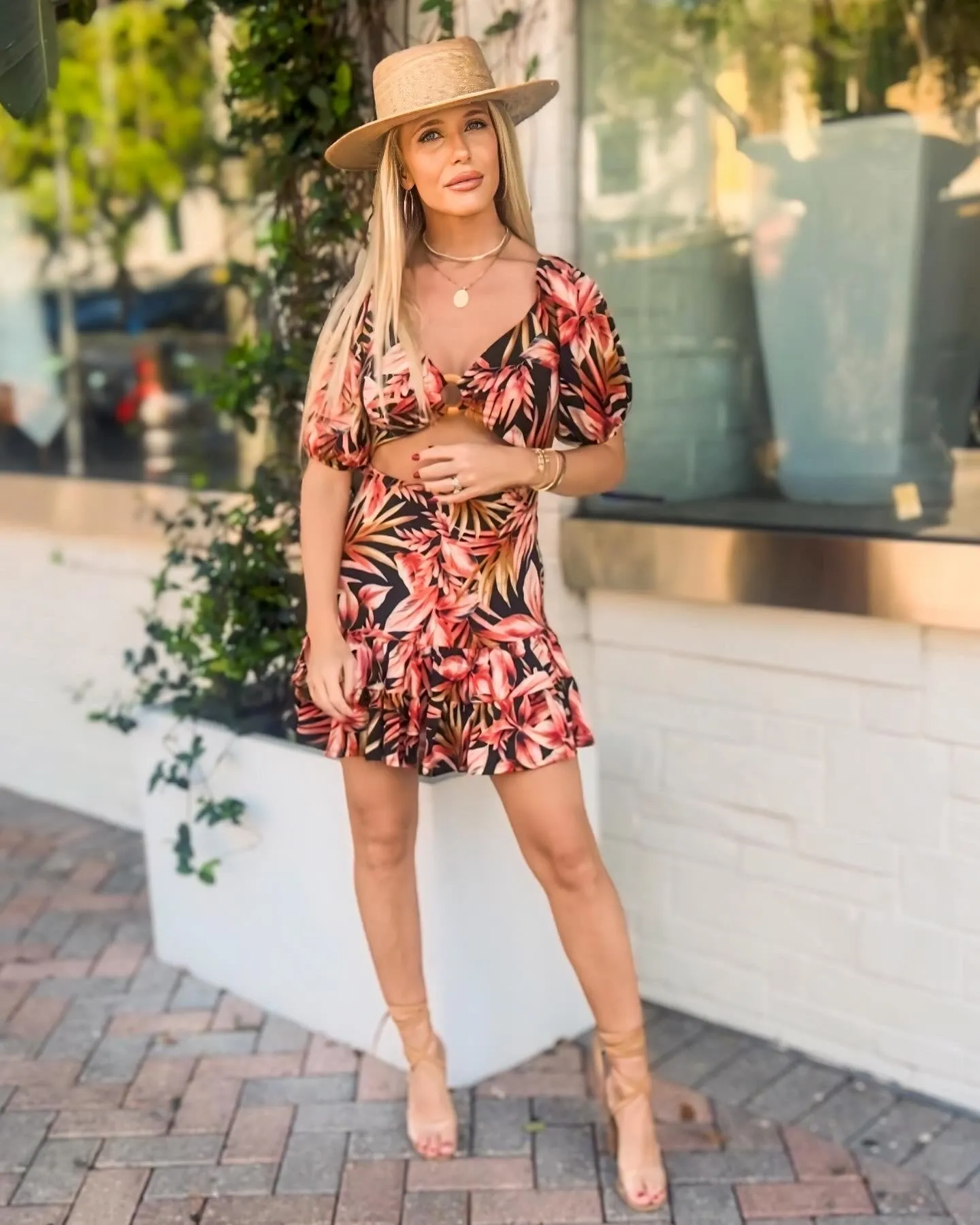 Black and red tropical mini dress
