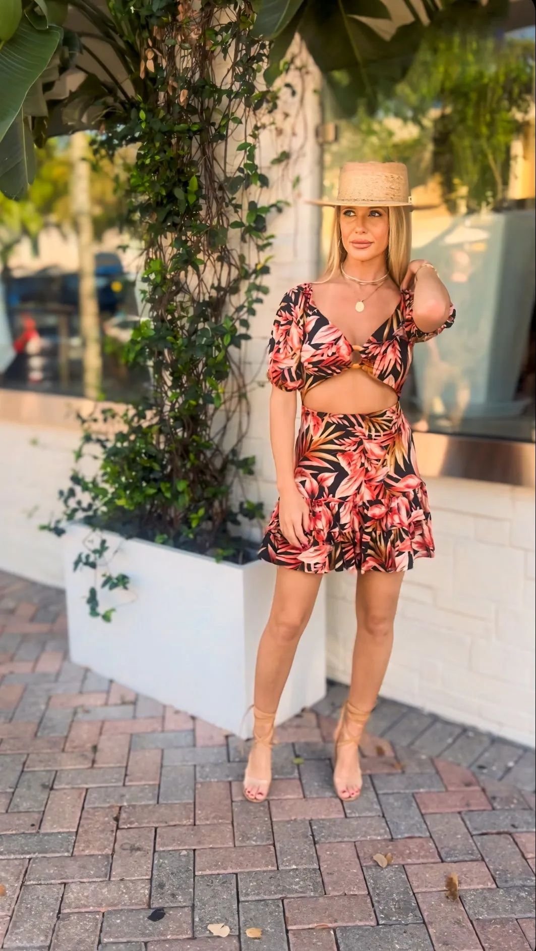 Black and red tropical mini dress
