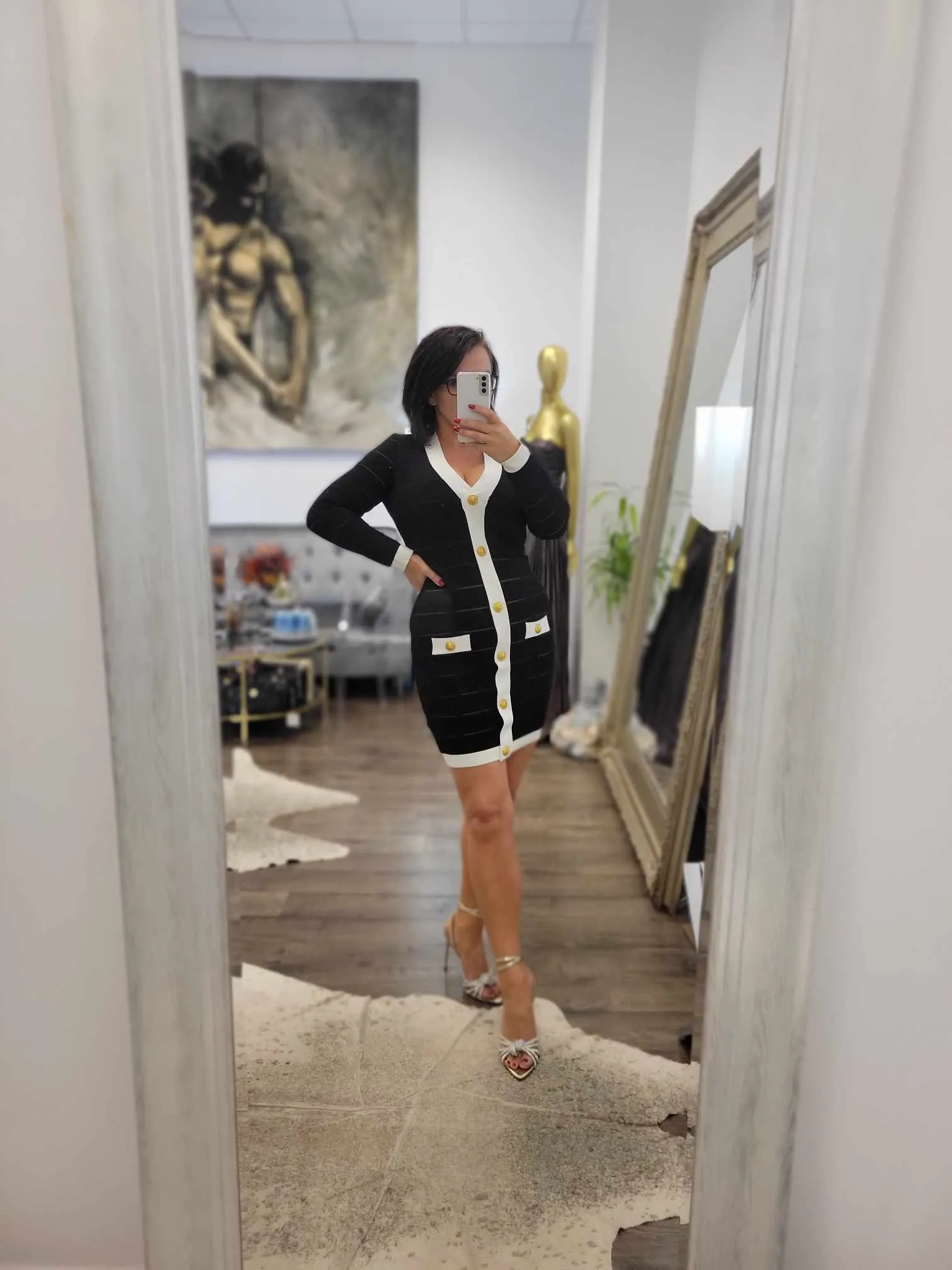 BLACK AND WHITE BANDAGE DRESS WITH GOLD BUTTONS