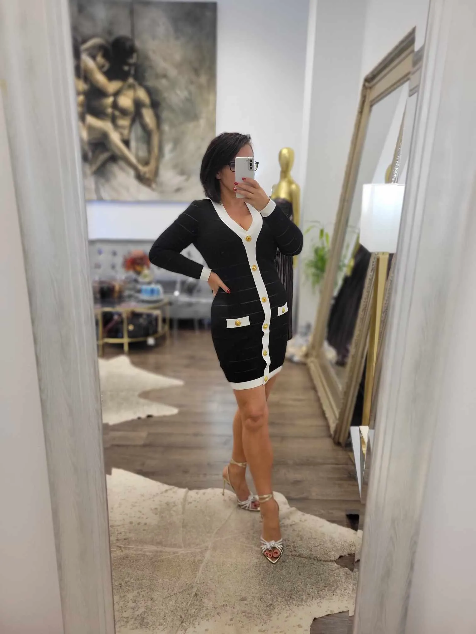 BLACK AND WHITE BANDAGE DRESS WITH GOLD BUTTONS