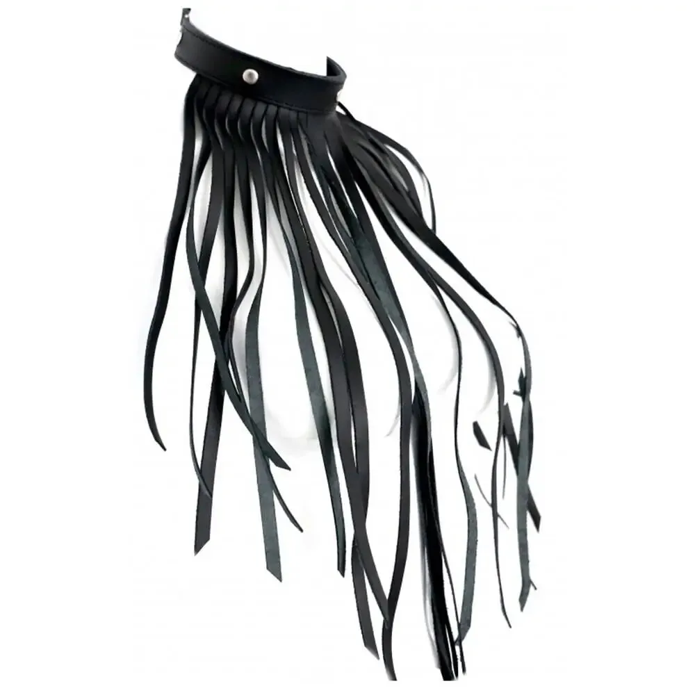 Black Leather Fringe Necklace Bondage Collar
