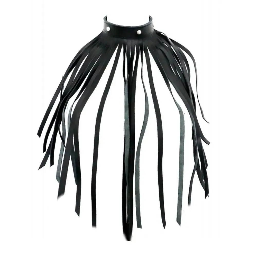 Black Leather Fringe Necklace Bondage Collar