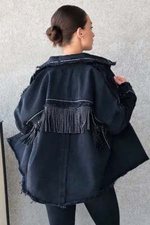 Black Studded Fringe Detail Distressed Denim Jacket - Carli