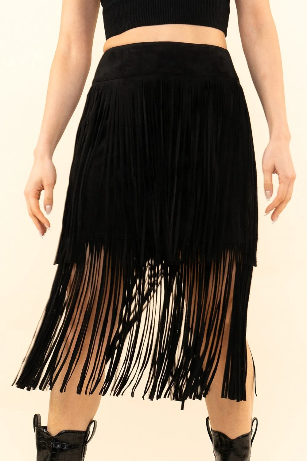 Black Suede Double Fringe Blue Velvet Skirt 2/14/25 9628