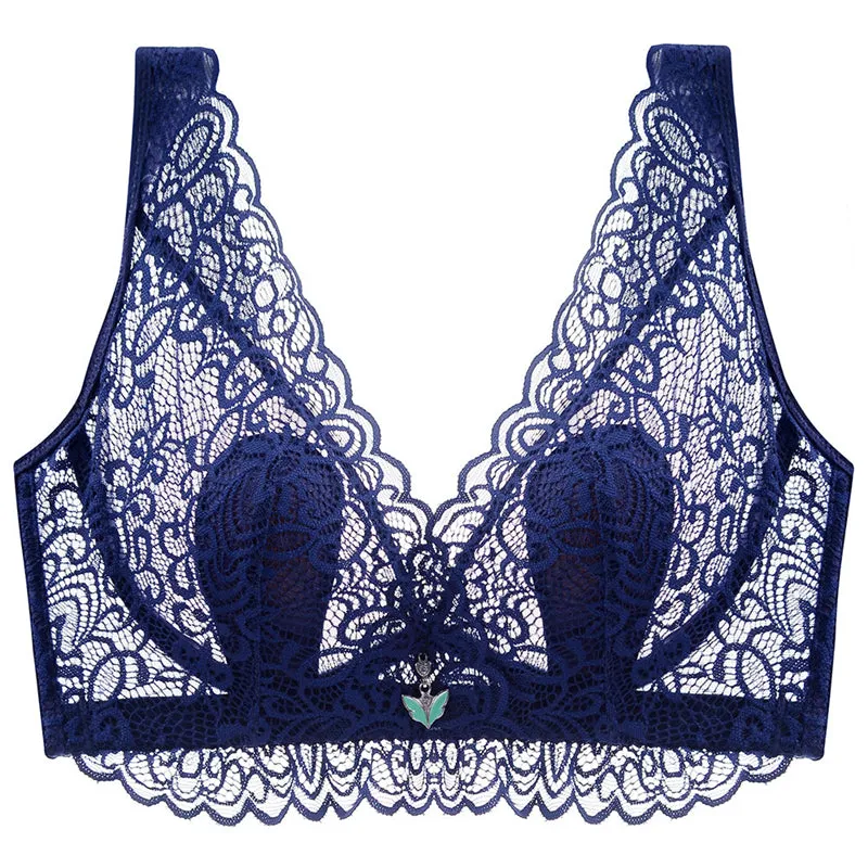 Blue--Plus Size Lace Breathable Lightly Lined Push Up Wide Shoulder Bras