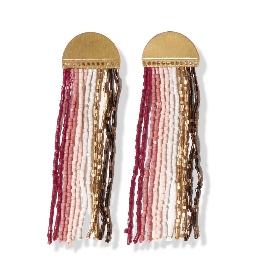 Blush Stripe Fringe Beads Brass Half Circle Post Earrings 3in