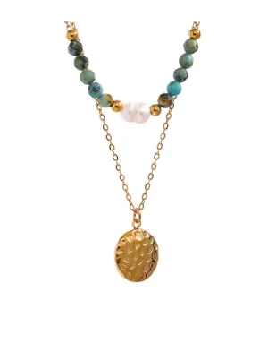 Boho & Mala 18k Gold Plated / Stainless Steel Double Green Stone Pearl Layer Beaded Necklace TN10085