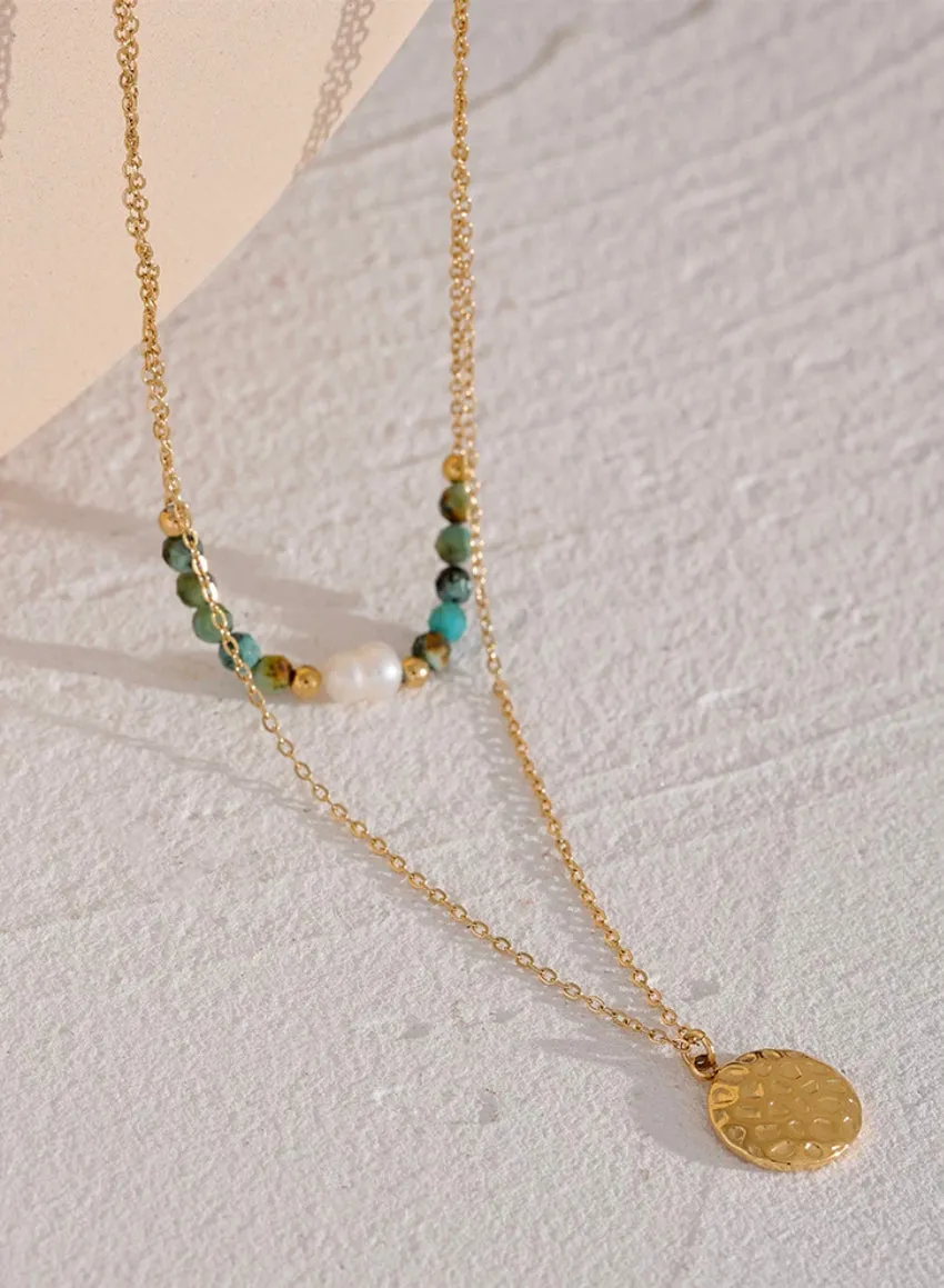 Boho & Mala 18k Gold Plated / Stainless Steel Double Green Stone Pearl Layer Beaded Necklace TN10085