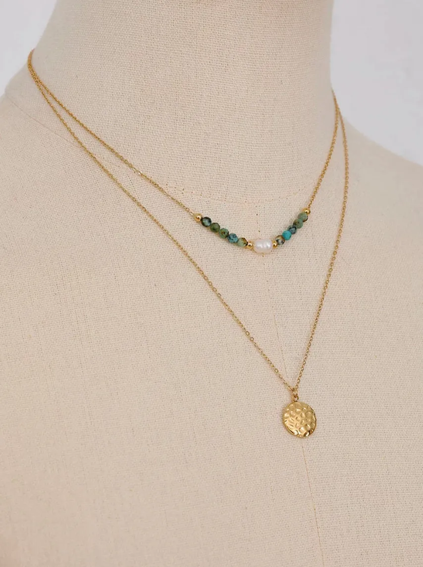 Boho & Mala 18k Gold Plated / Stainless Steel Double Green Stone Pearl Layer Beaded Necklace TN10085