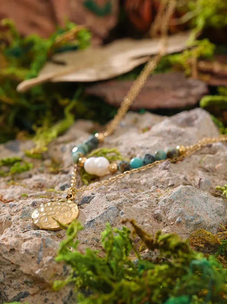 Boho & Mala 18k Gold Plated / Stainless Steel Double Green Stone Pearl Layer Beaded Necklace TN10085