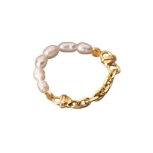 Boho & Mala Beaded Pearl Sterling Silver/18k Gold Ring R1077