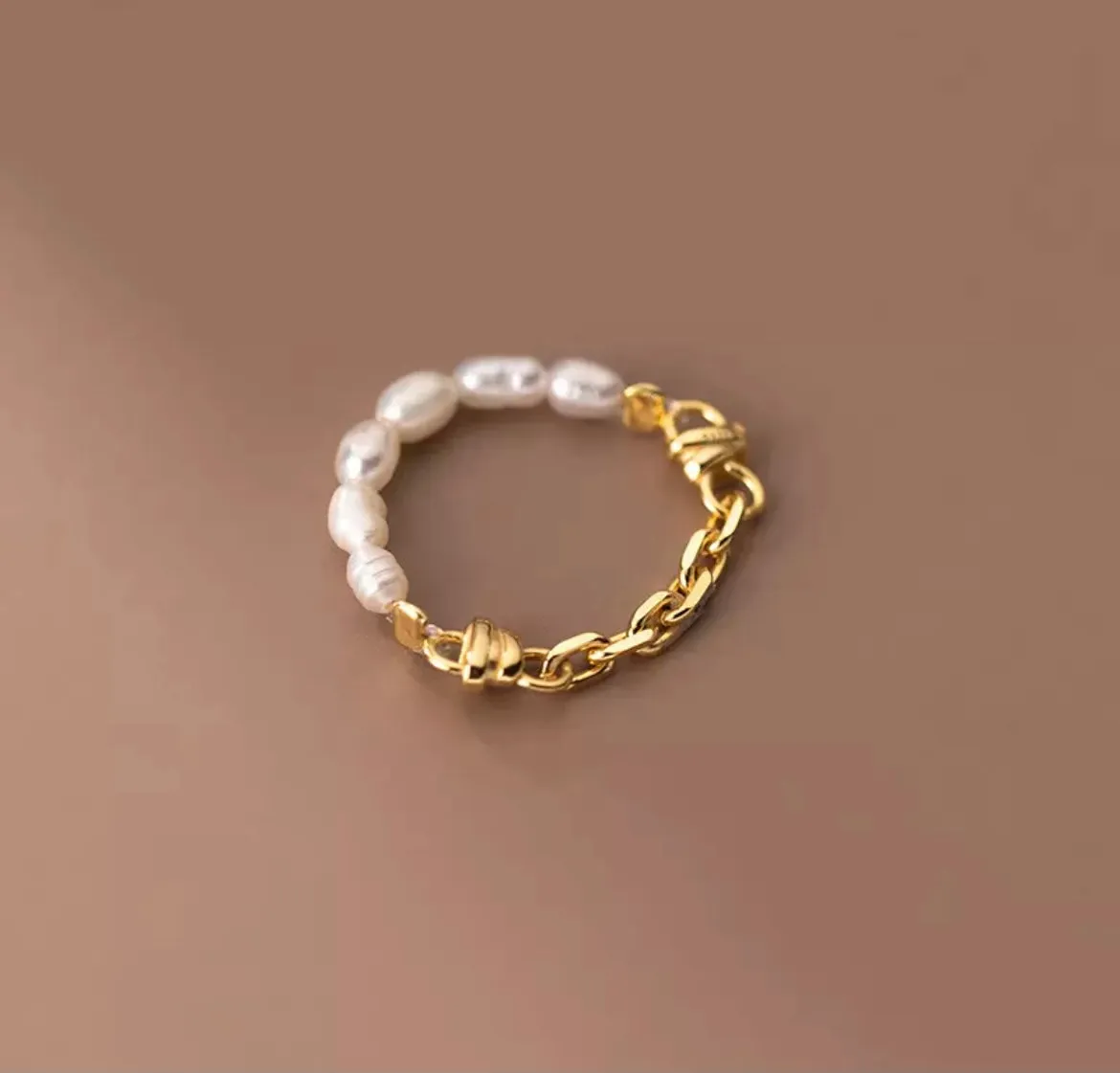 Boho & Mala Beaded Pearl Sterling Silver/18k Gold Ring R1077