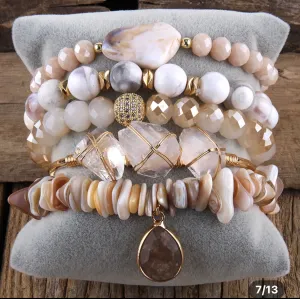 Boho & Mala Beige Stone Mix Elastic Bracelet Stackable Sets
