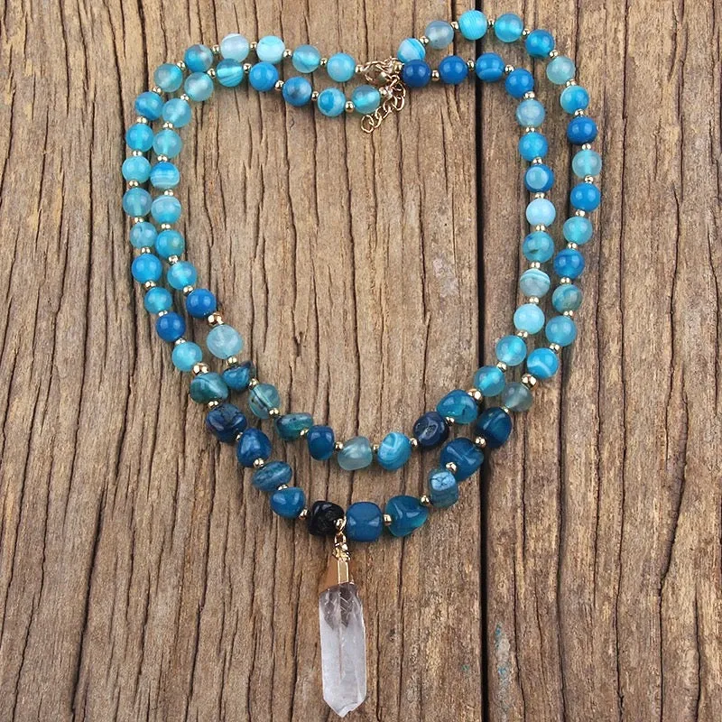 Boho & Mala Blue Natural Beaded Double Tribal Stone Necklace