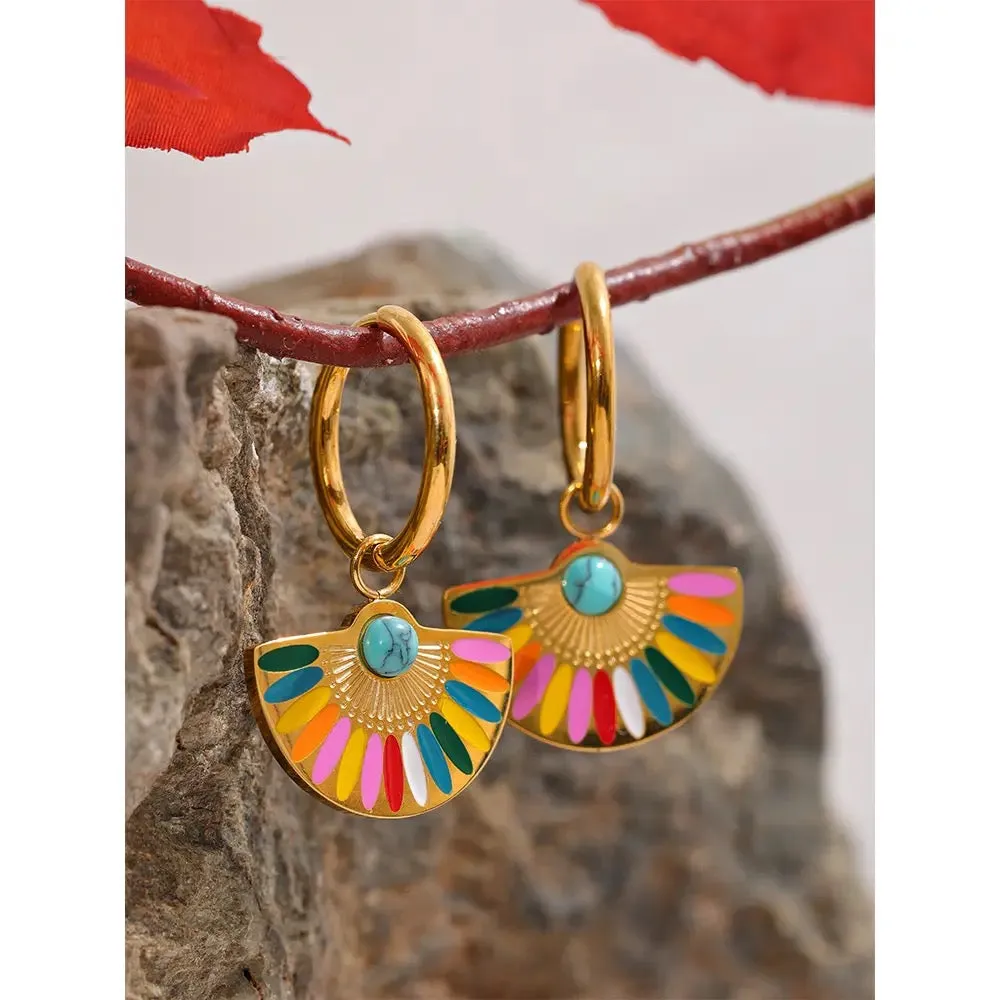 Boho & Mala Colourful Gold Plated Fan Hoop Earrings