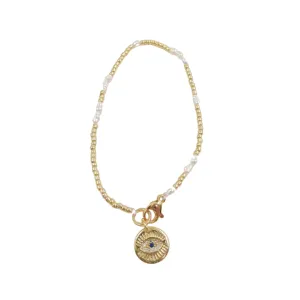 Boho & Mala Evil Eye Freshwater Pearl Beaded Gold Bracelet DCB1050