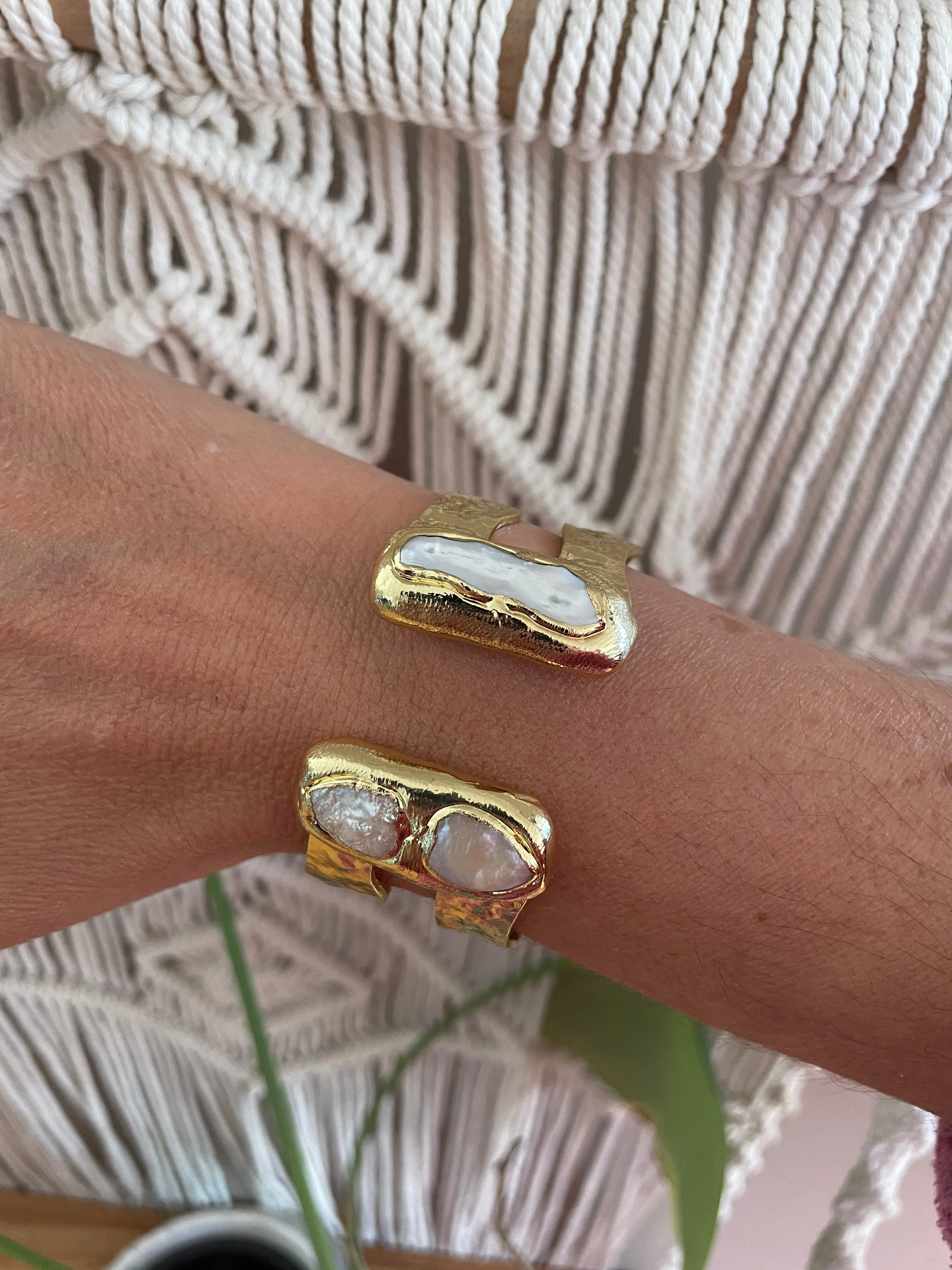 Boho & Mala Freshwater Pearl Brass Cuff Bracelet