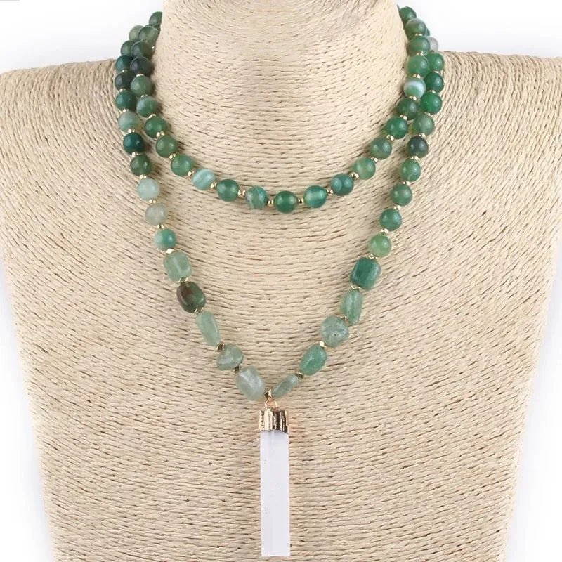 Boho & Mala Green Natural Beaded Double Tribal Stone Necklace