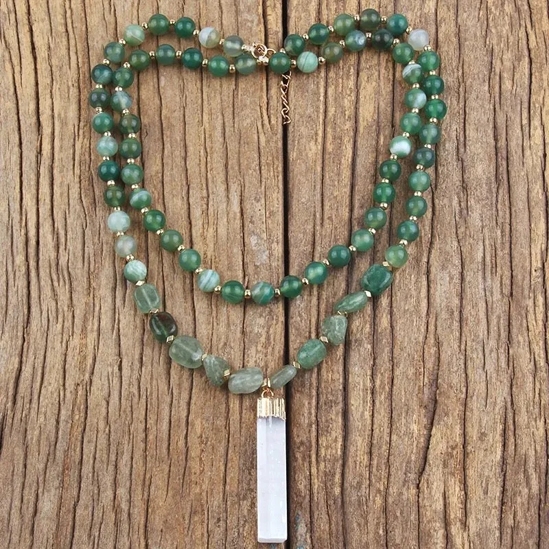 Boho & Mala Green Natural Beaded Double Tribal Stone Necklace