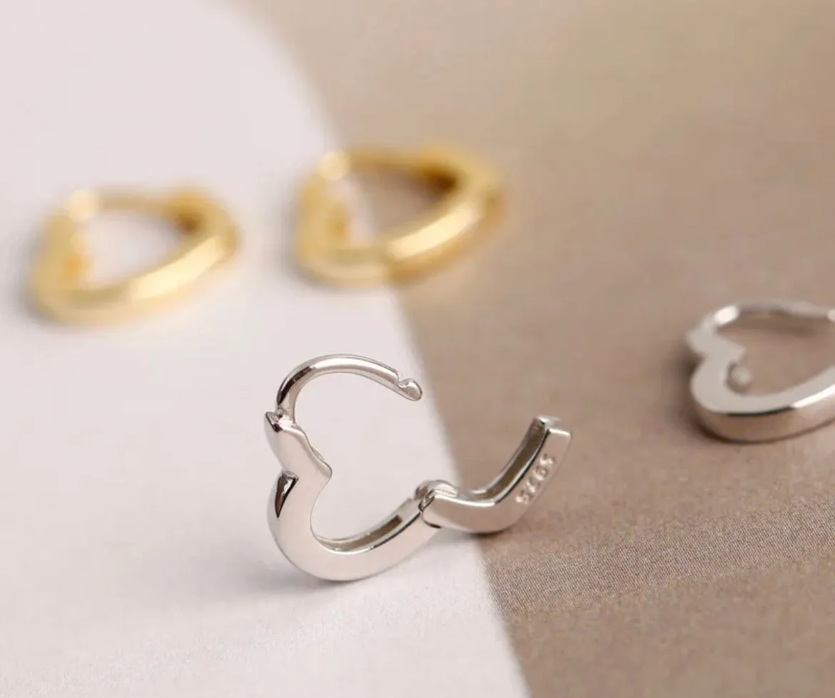 Boho & Mala Heart Huggies Sterling Silver Hoop Earrings