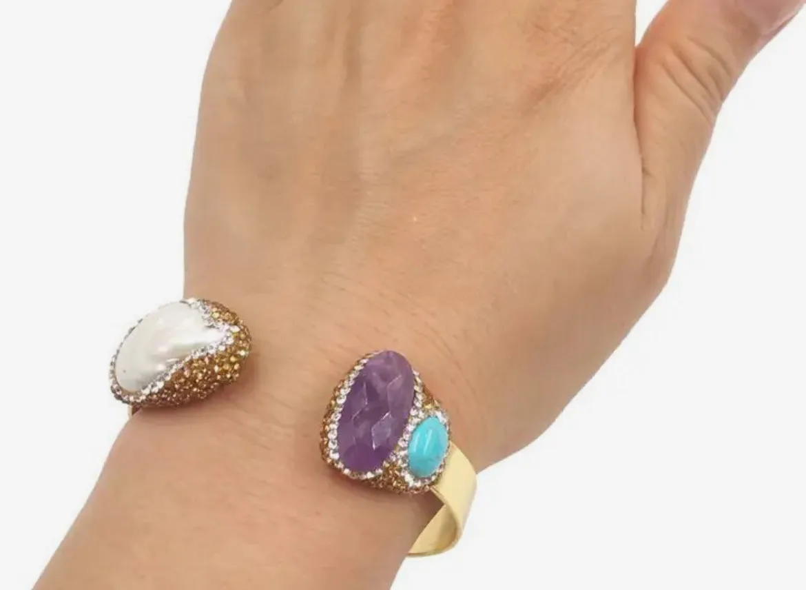 Boho & Mala Natural Stones & Pearl Brass Cuff Bracelet