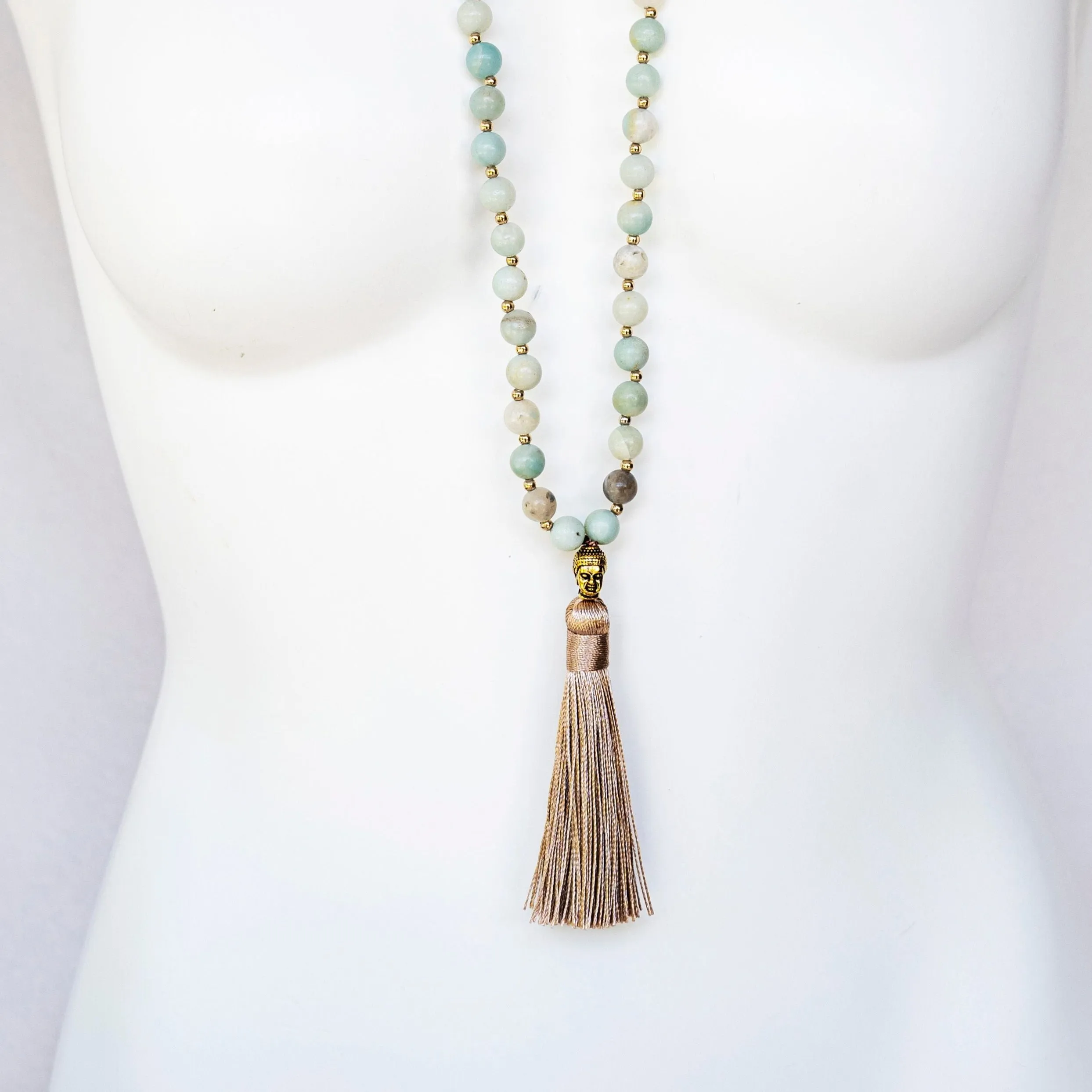 Boho & Mala Natural Tribal Blue Amazonite Stone Gold Necklace TN10018
