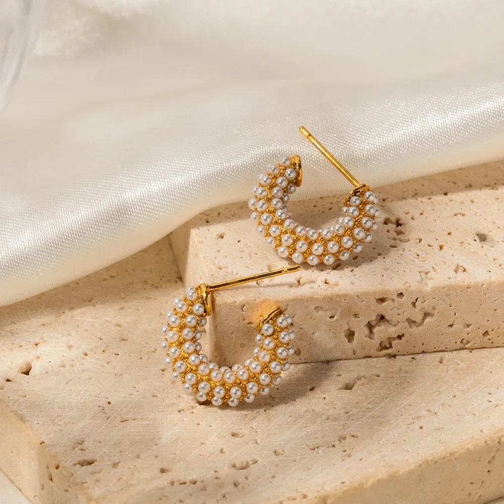 Boho & Mala Pearl Stainless Steel Gold Plated Hoop Earrings 3cm