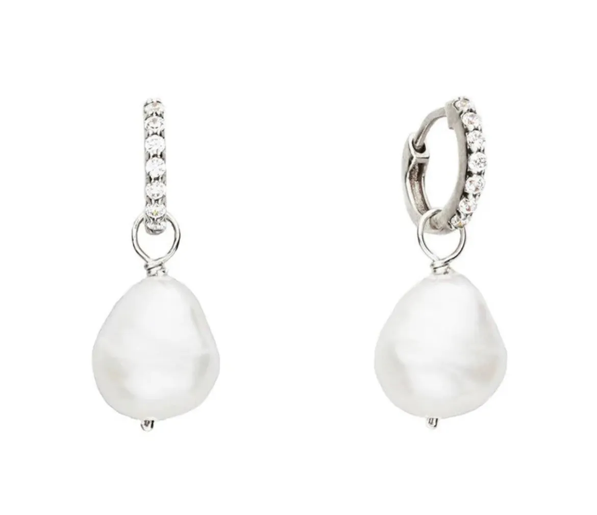 Boho & Mala Pearl Sterling Silver Hoop Huggie Earrings