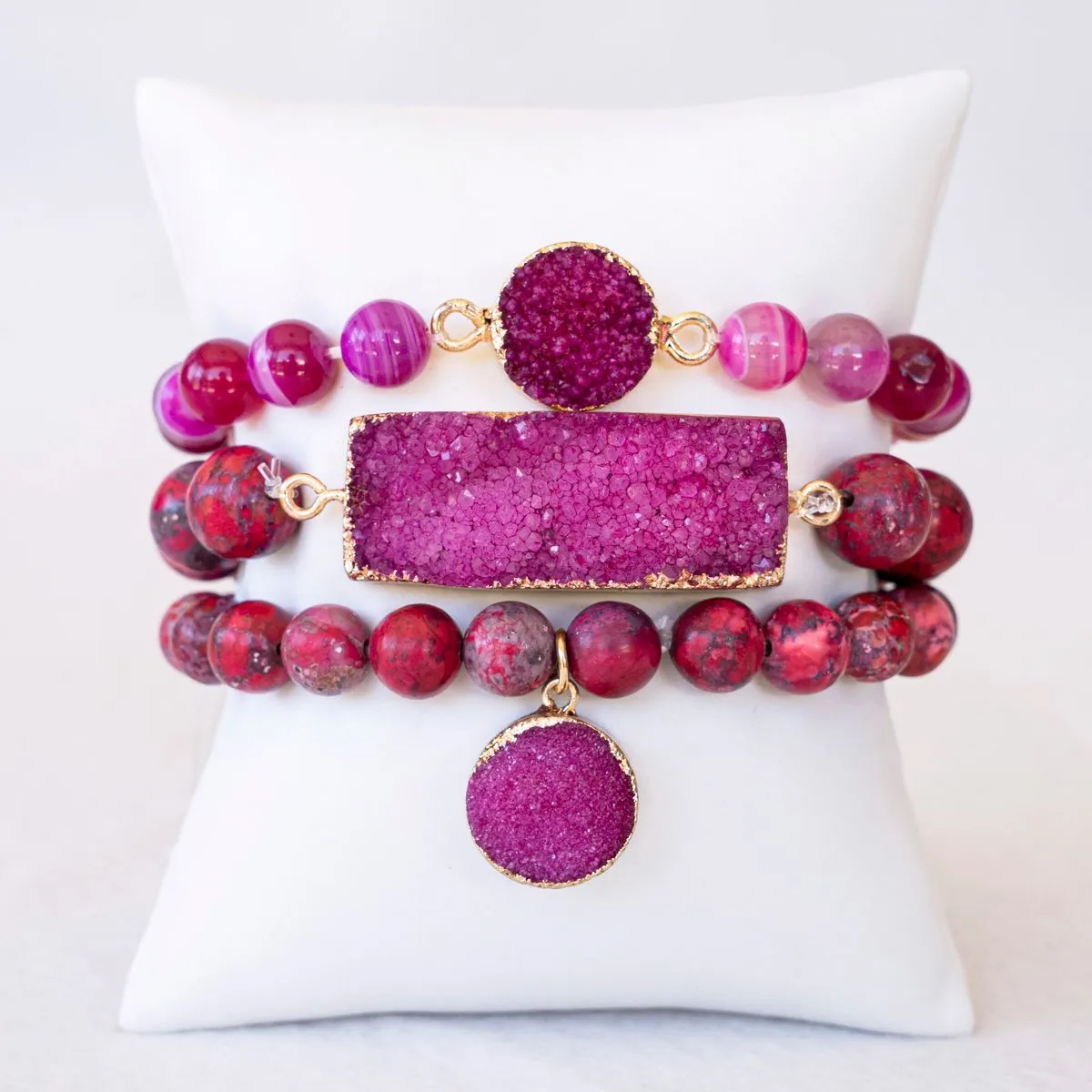 Boho & Mala Pink Mix Stone Elastic Bracelet Stackable Sets BS1032