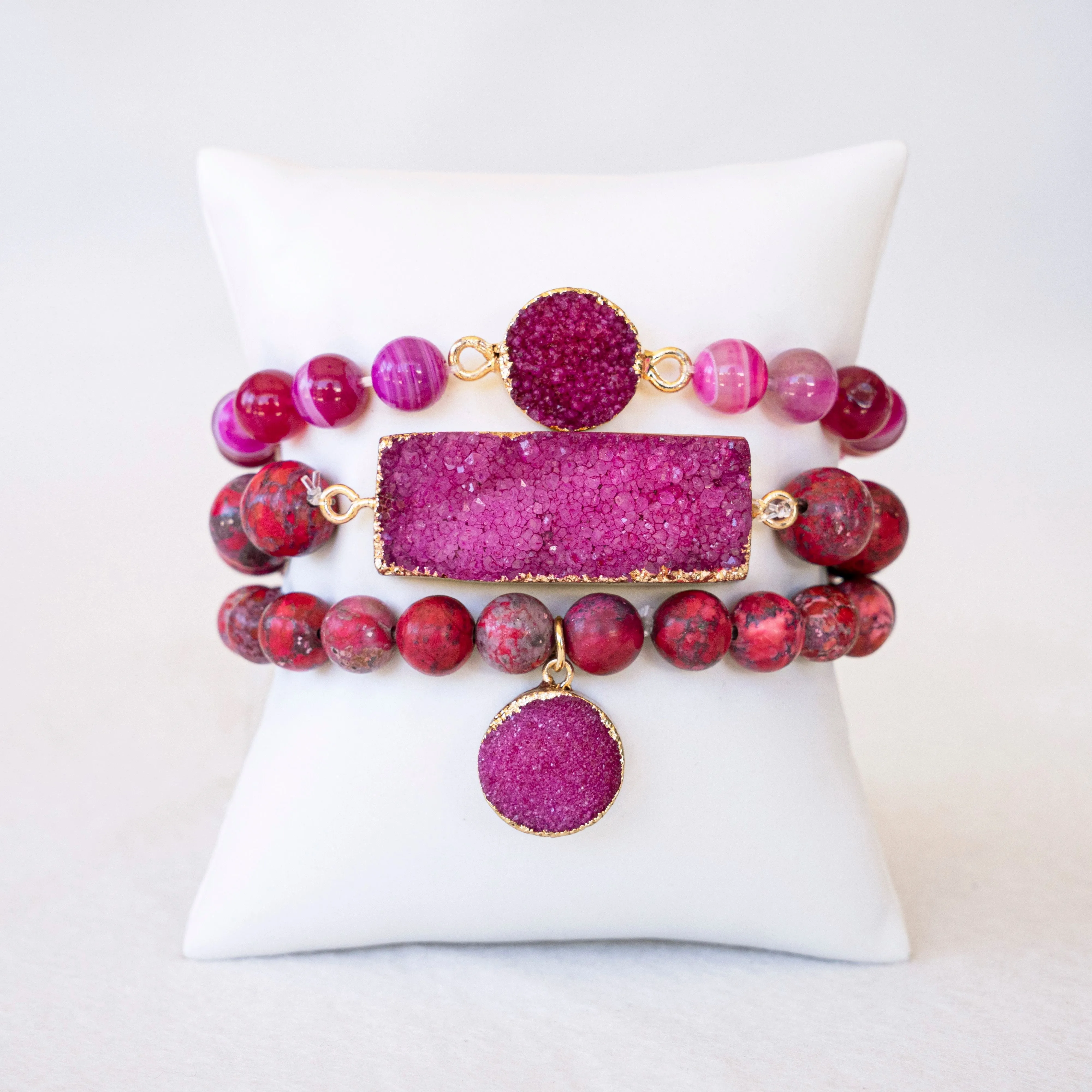 Boho & Mala Pink Mix Stone Elastic Bracelet Stackable Sets BS1032