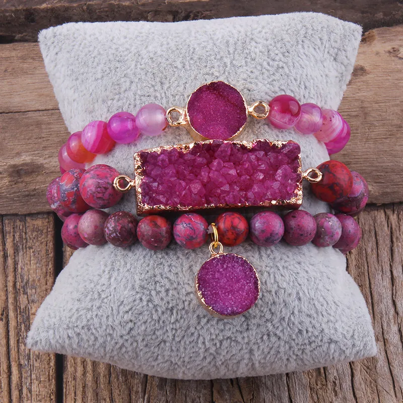 Boho & Mala Pink Mix Stone Elastic Bracelet Stackable Sets BS1032
