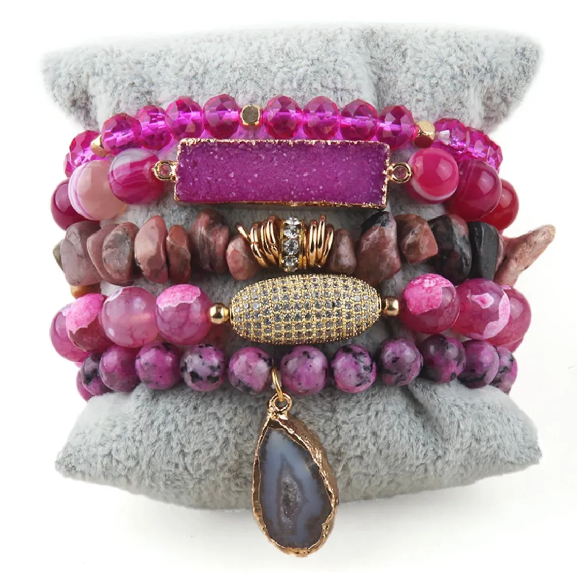 Boho & Mala Pink Stone Mix Elastic Bracelet Stackable Sets BS1017